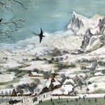 Reproduktion: Pieter Bruegel, Jäger im Schnee. Rechts sind die Berge zu sehen