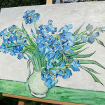 Auf Keilrahmen: unsere Kopie von Van Goghs "Vase mit Schwertlilien"