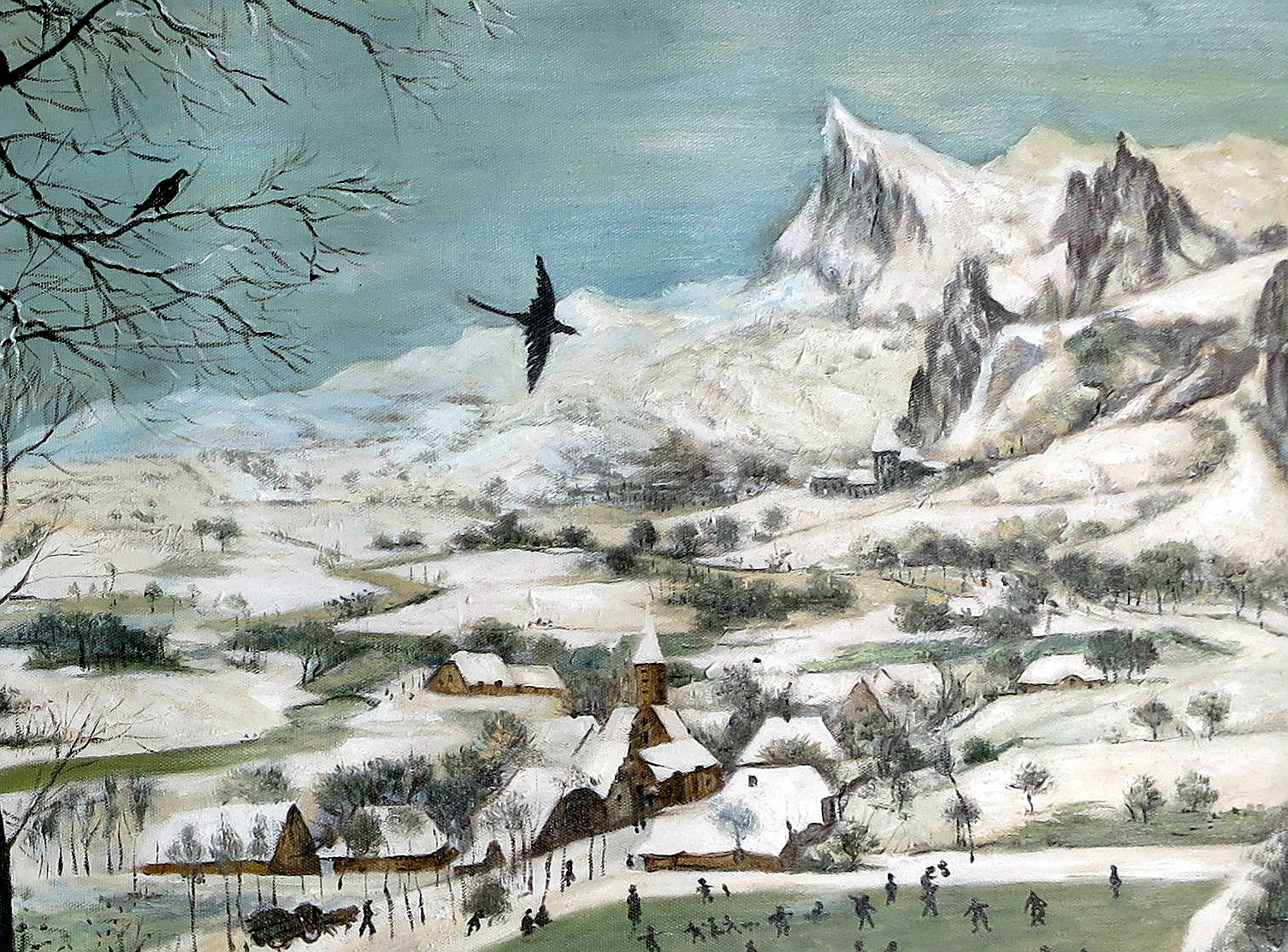 Rechts sind die Berge zu sehen (Ausschnitt der Reproduktion: Pieter Bruegel, Jäger im Schnee)